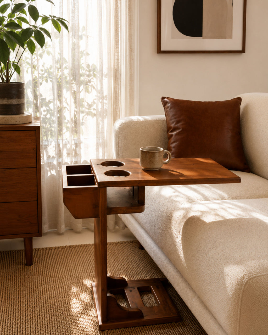 Modern Solid Wood C-Shaped Side Table with Cup Holders & Storage