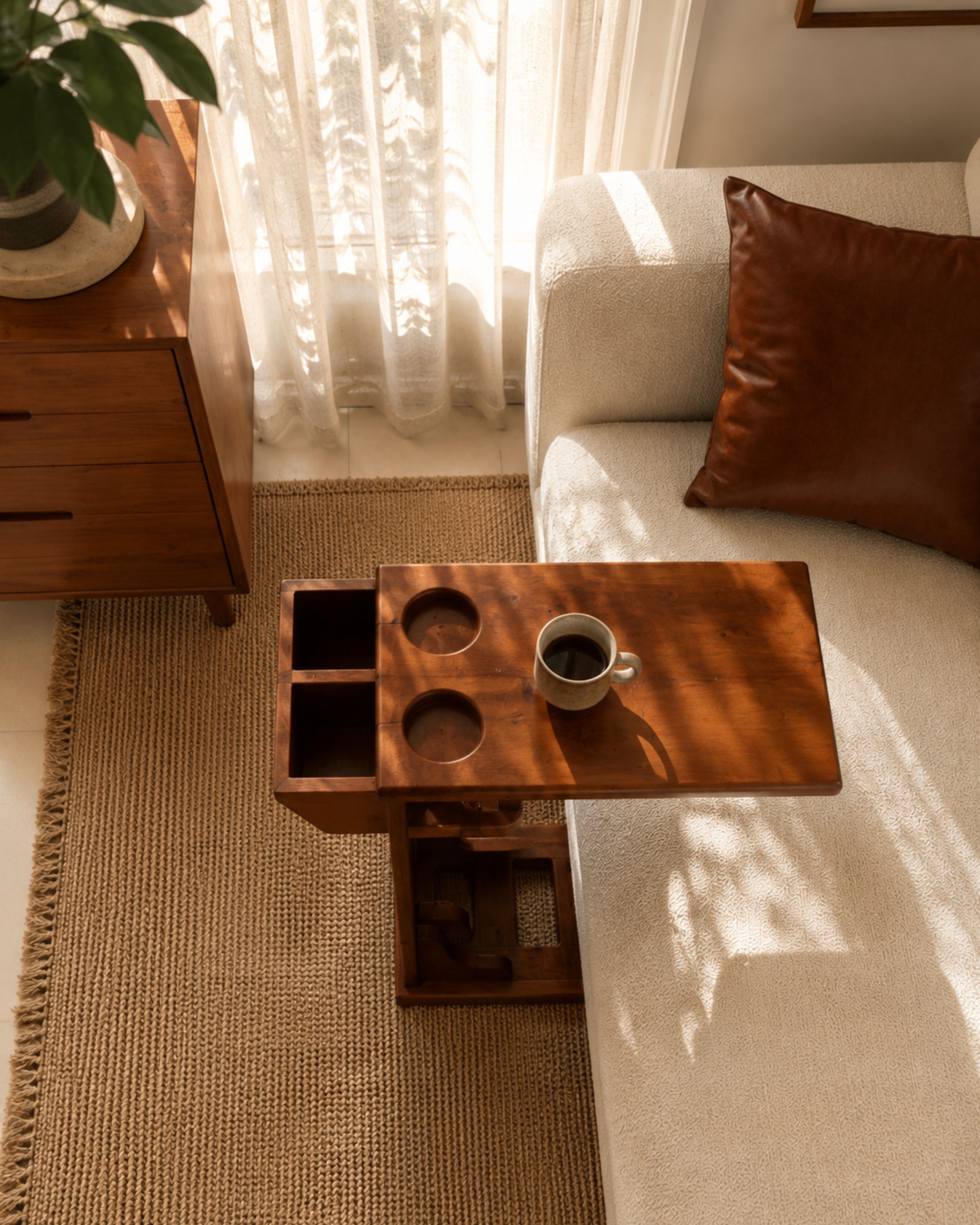 Modern Solid Wood C-Shaped Side Table with Cup Holders & Storage