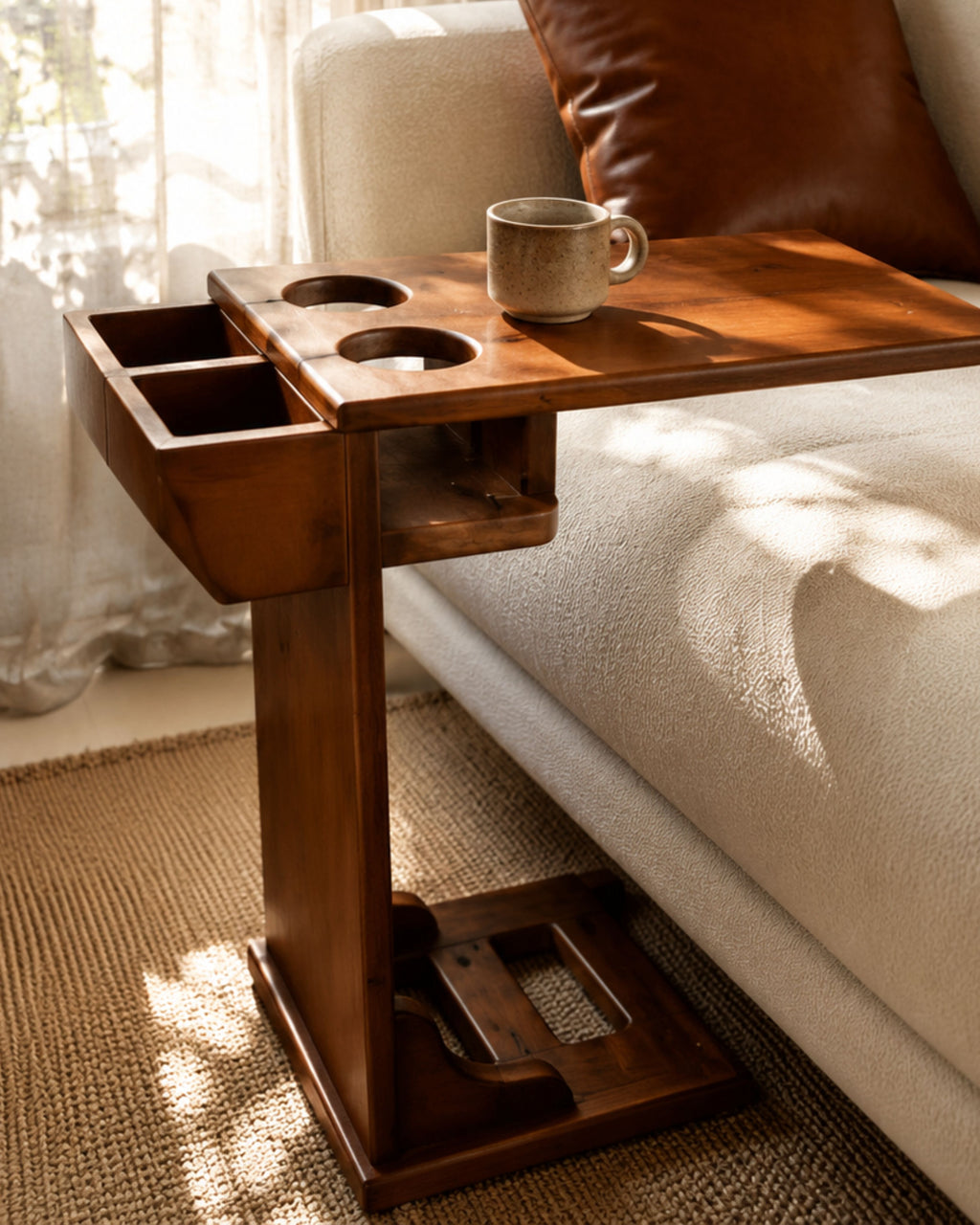 Modern Solid Wood C-Shaped Side Table with Cup Holders & Storage