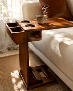 Modern Solid Wood C-Shaped Side Table with Cup Holders & Storage