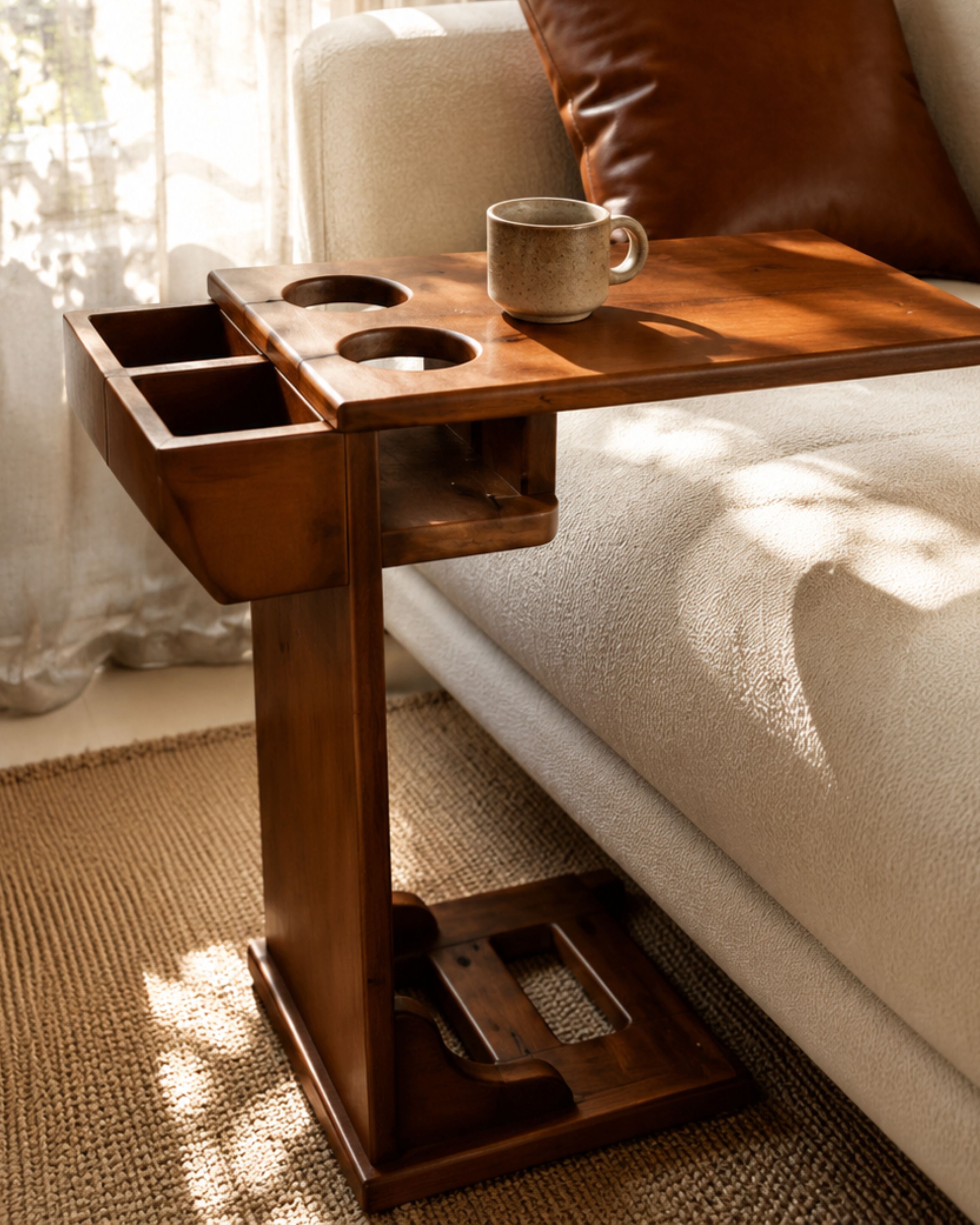 Modern Solid Wood C-Shaped Side Table with Cup Holders & Storage
