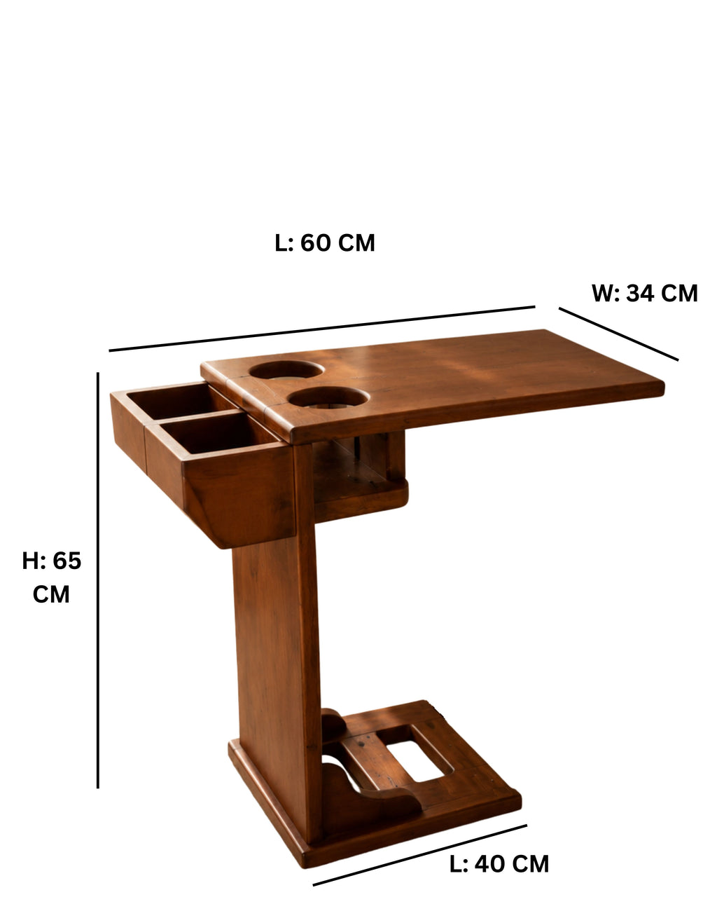 Modern Solid Wood C-Shaped Side Table with Cup Holders & Storage