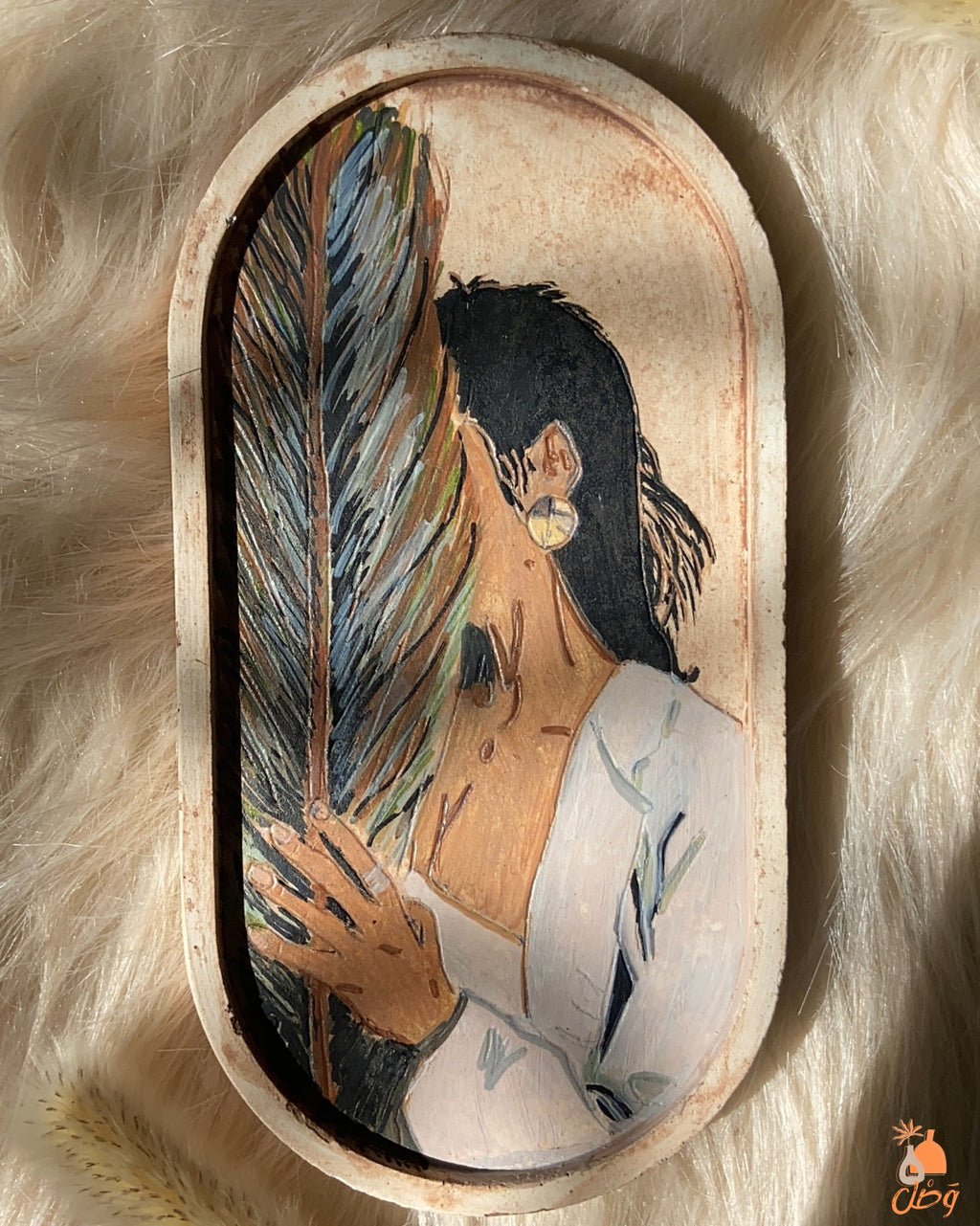 Boho Floral Hand Painted Concrete Oval Tray – Handmade Wall Decor Tray