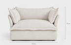 Product information  for a lounge chair, showing a large front view with cushions, three smaller angle views, and dimension callouts for width, depth, height, and seat height on a light gray background.