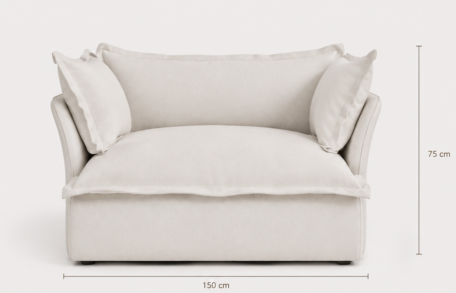 Product information  for a lounge chair, showing a large front view with cushions, three smaller angle views, and dimension callouts for width, depth, height, and seat height on a light gray background.