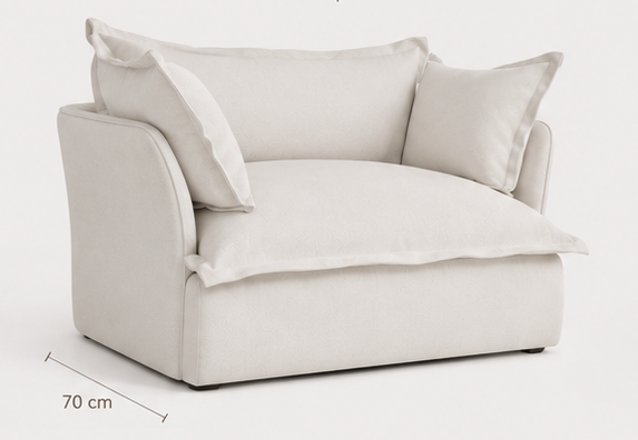 Product information for a lounge chair, showing a large front view with cushions, three smaller angle views, and dimension callouts for width, depth, height, and seat height on a light gray background.