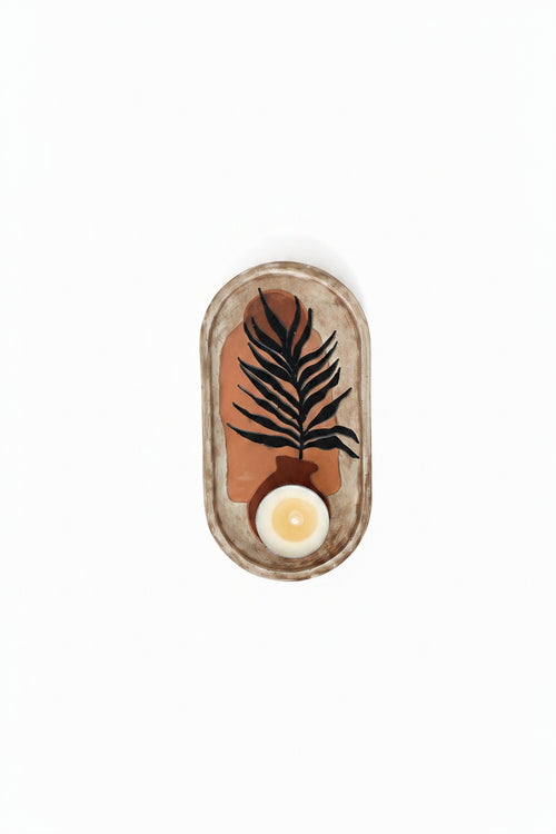 Boho Hand Painted Concrete Oval Tray – Handmade Decorative Tray for Home